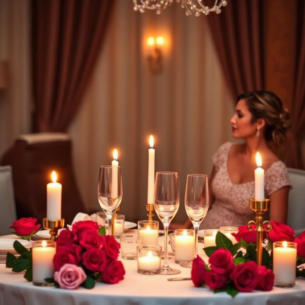 Anniversary dinner setup with candles and roses