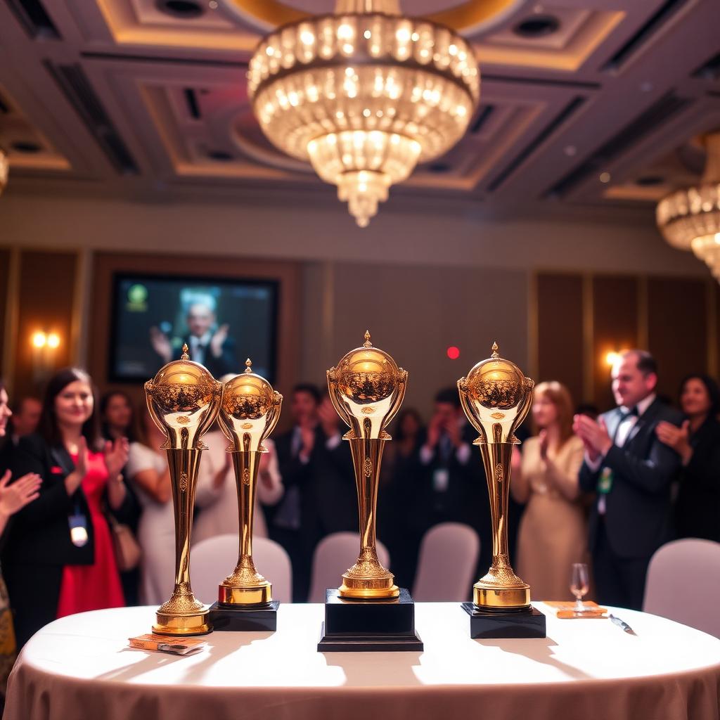 Corporate awards ceremony trophies on stage