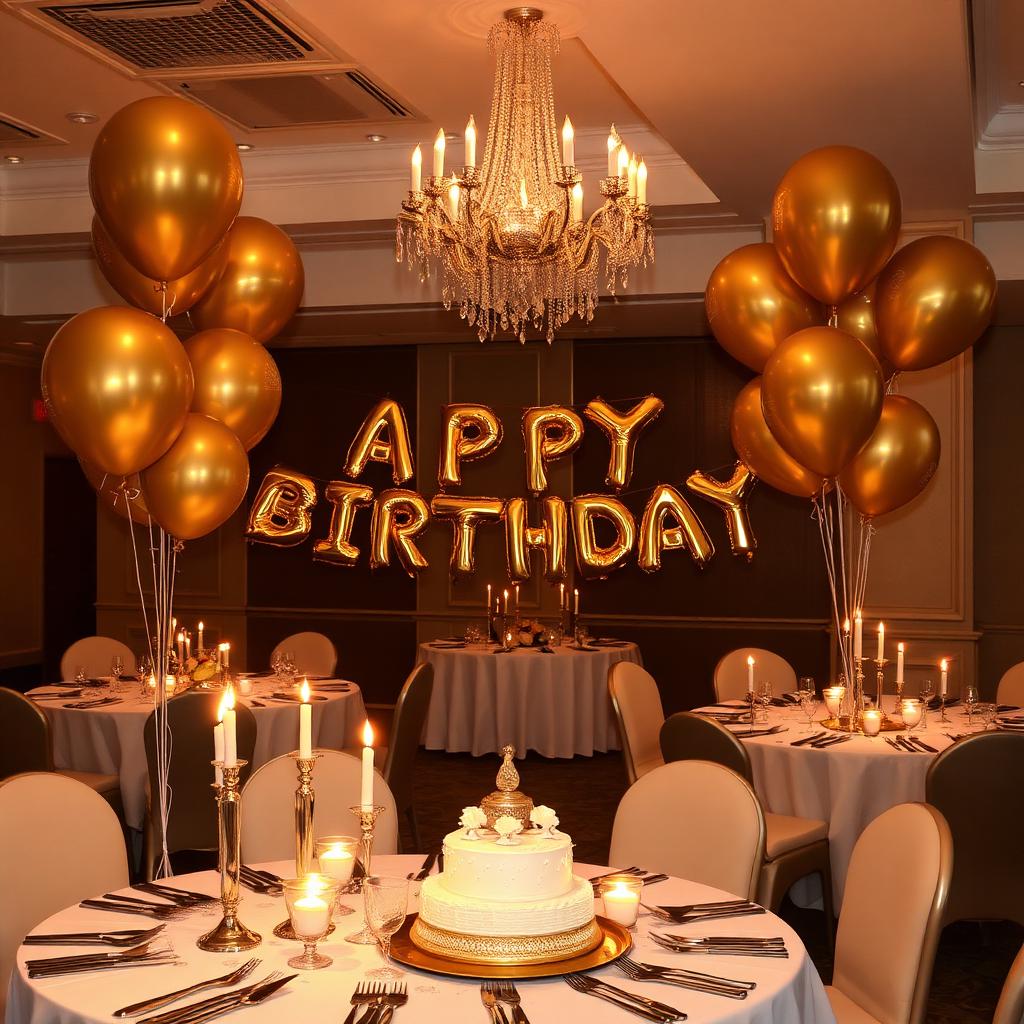 Elegant adult birthday party with gold balloons