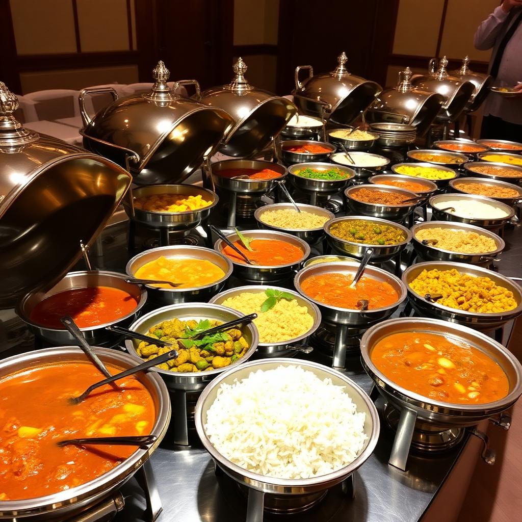 North Indian buffet spread with silver chafing dishes