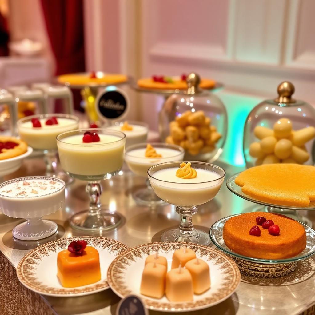 Indian dessert counter with rasmalai and gulab jamun