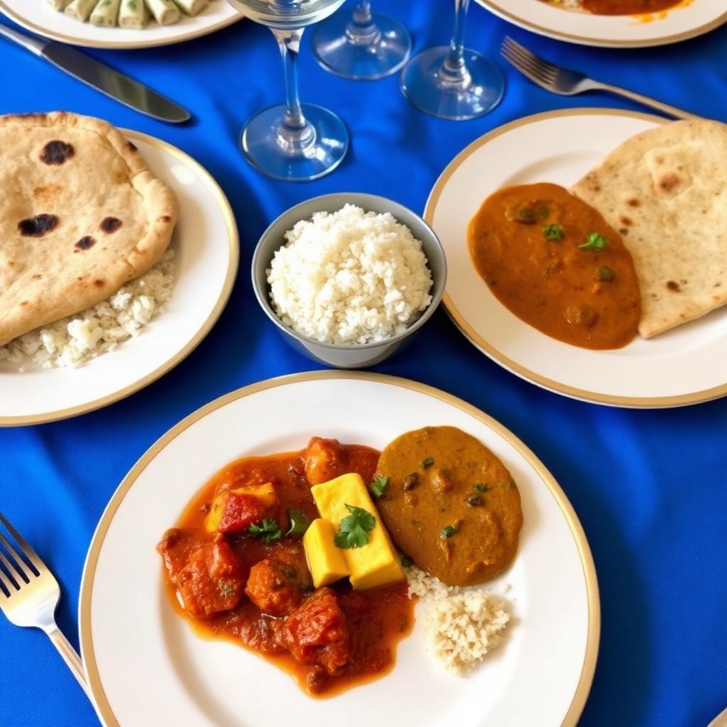 Plated Indian dinner with paneer, dal and naan