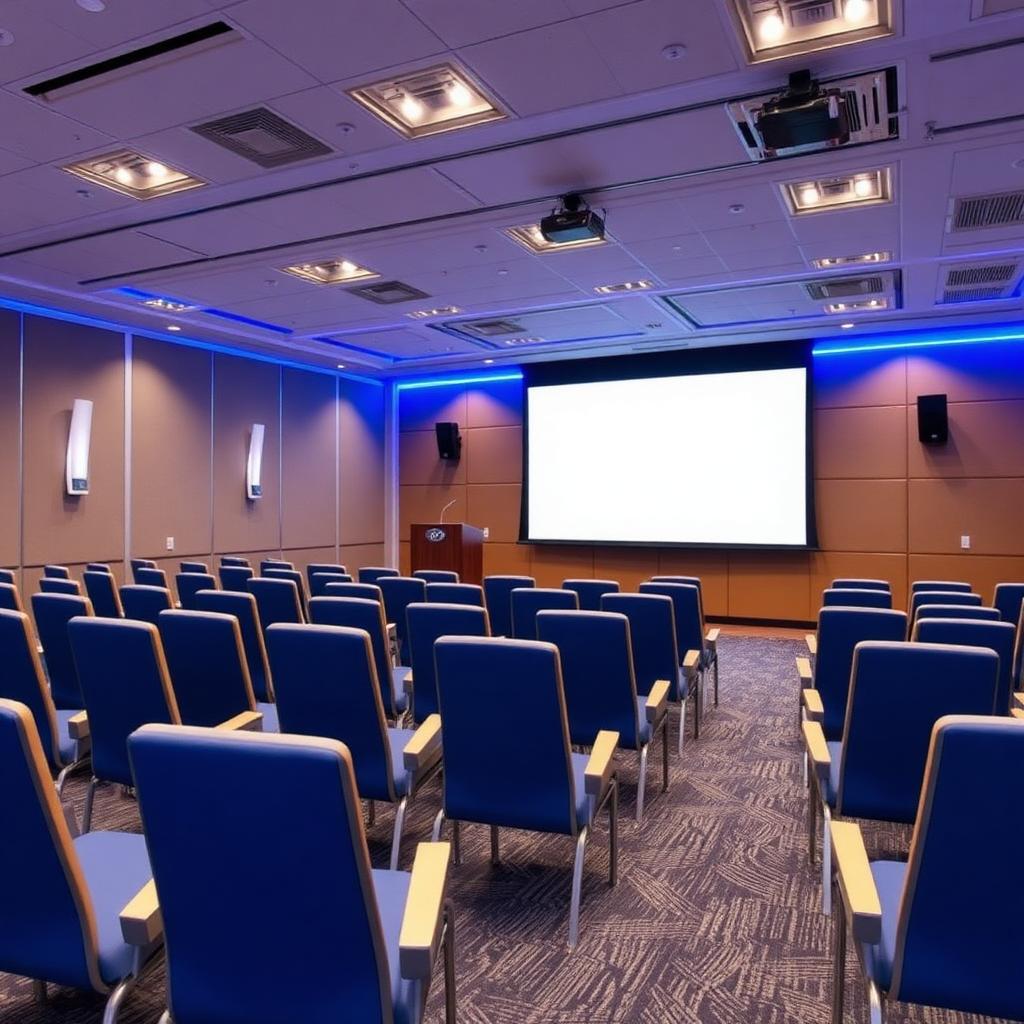 Conference theatre seating with royal blue chairs
