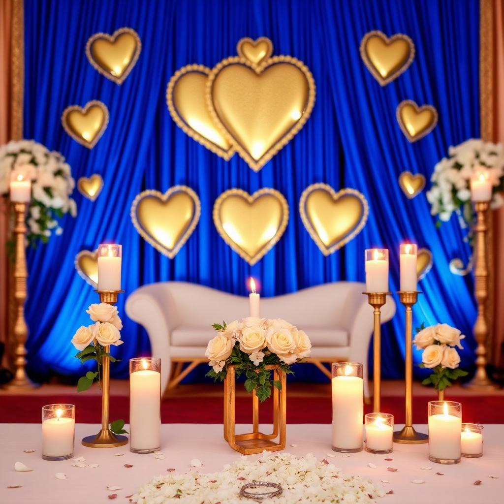 Engagement stage with blue backdrop and gold hearts