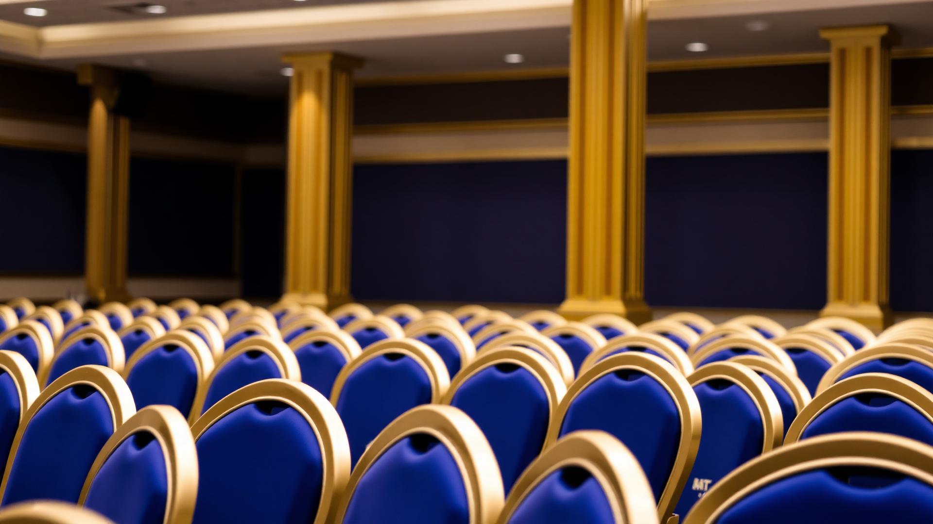 Royal blue and gold banquet hall seating at MOZO Gurgaon