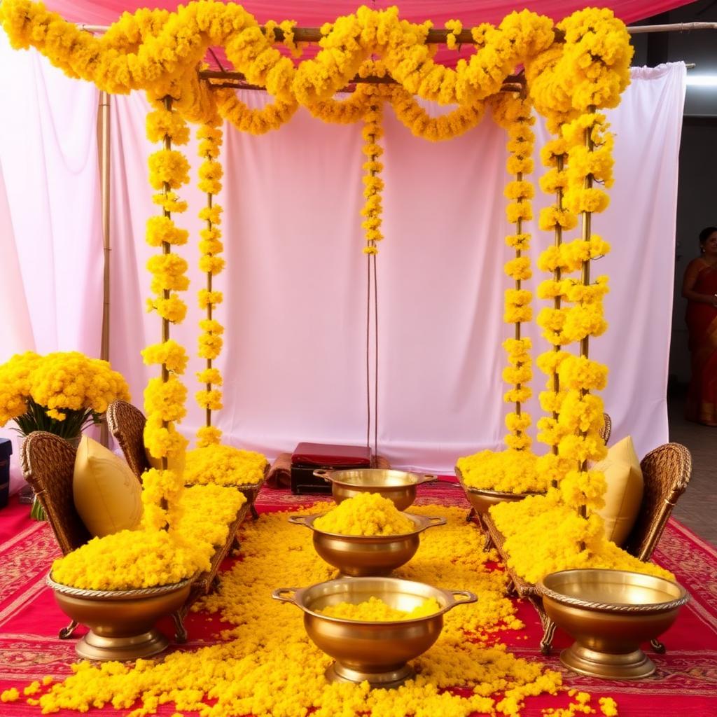Haldi function setup with marigold flowers at MOZO