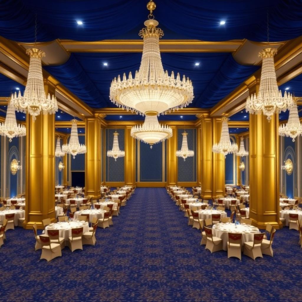 Royal blue interior of MOZO banquet hall with gold pillars