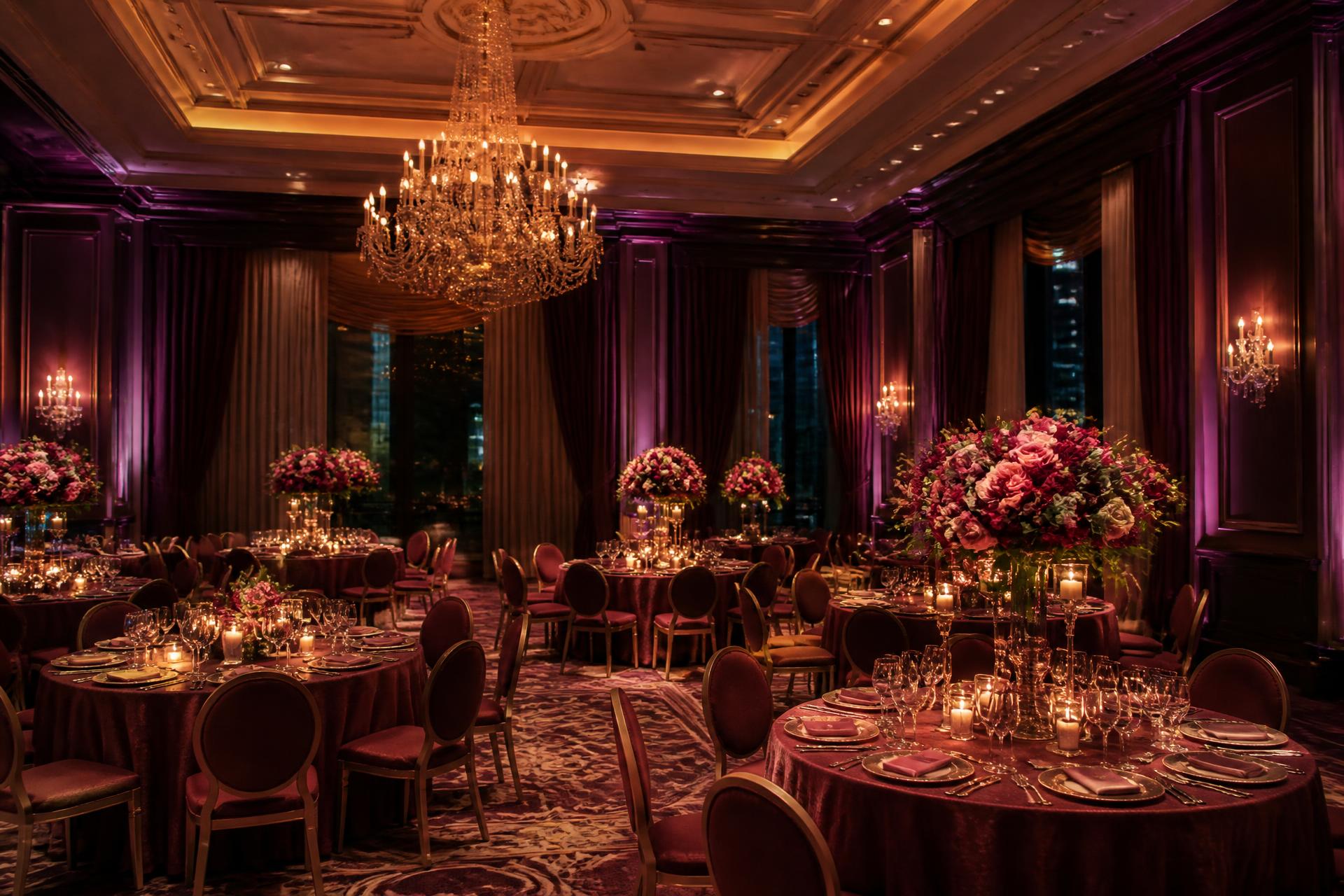 MOZO banquet hall interior with crystal chandeliers and elegant table settings in Gurgaon