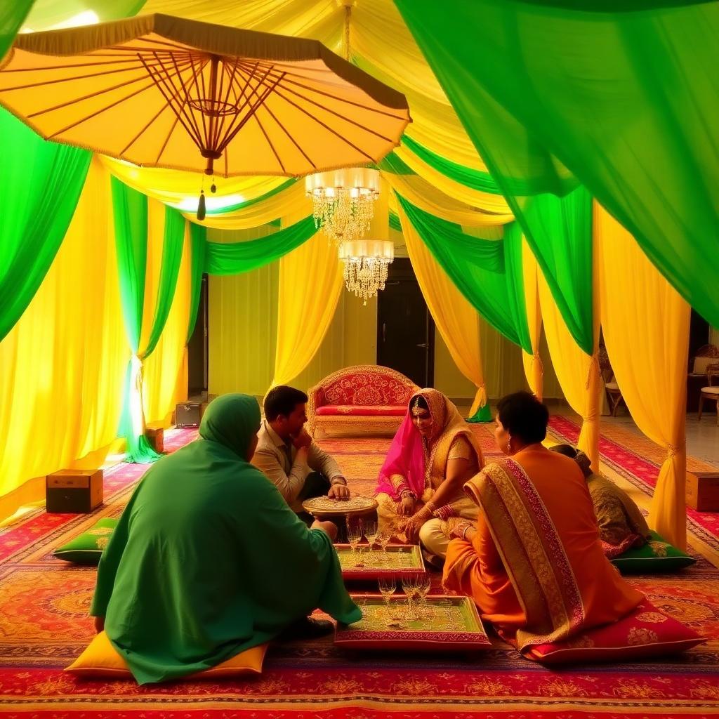 Mehndi function decor with umbrellas and floor seating