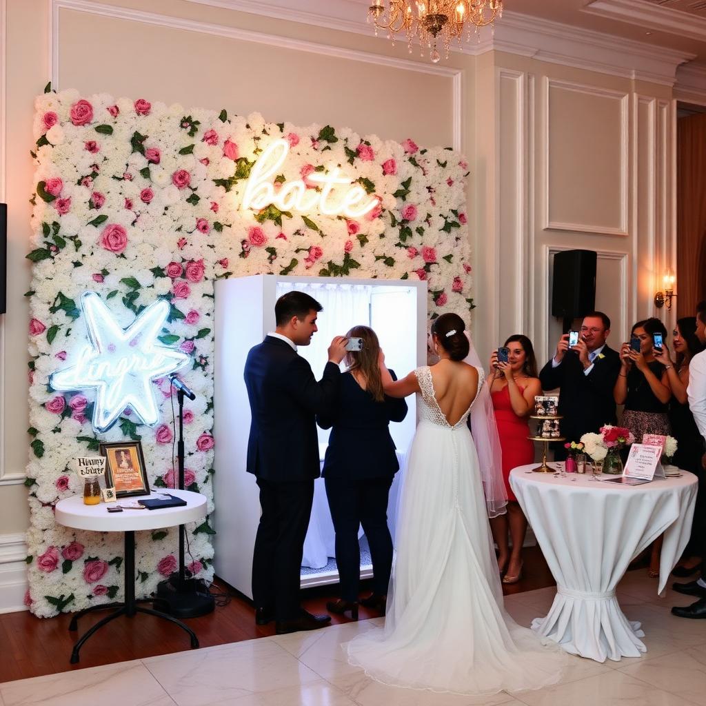 Floral photo booth with neon signage