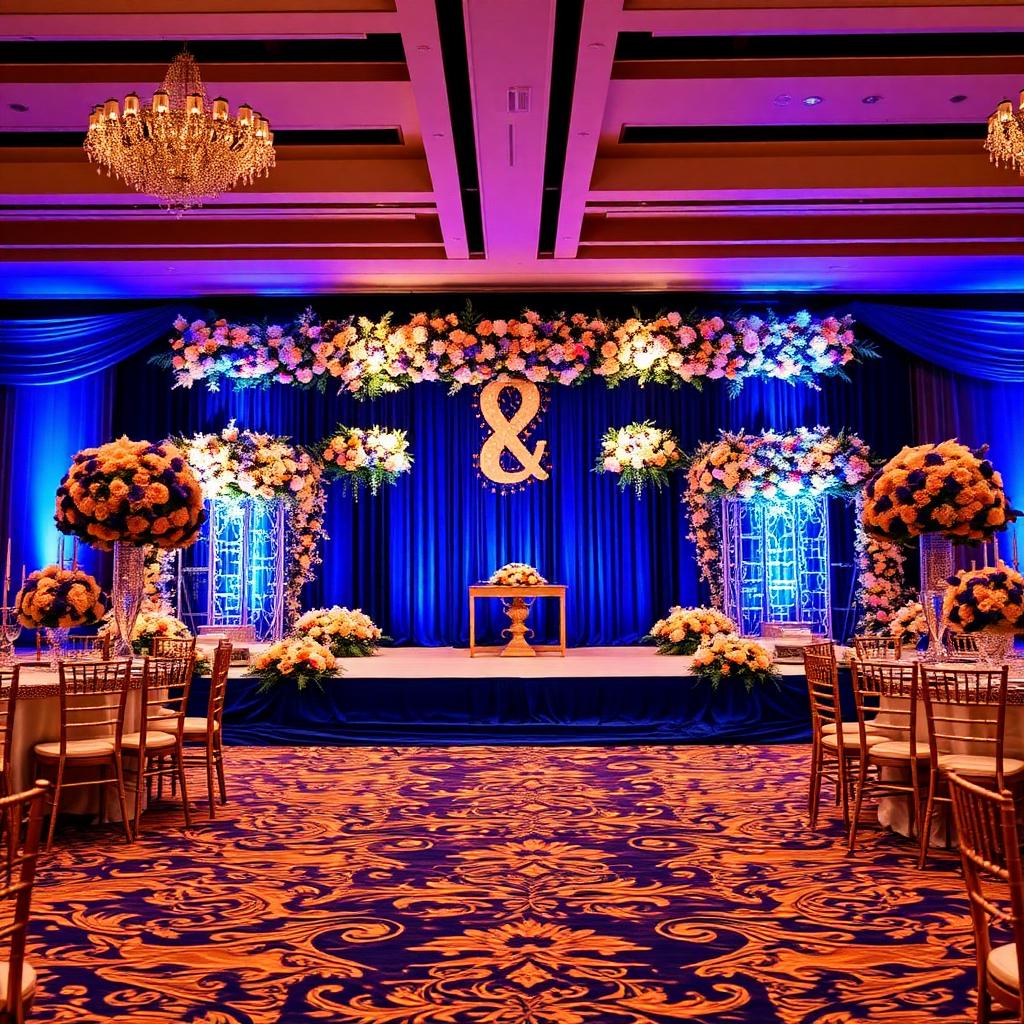 Reception backdrop with royal blue and gold theme