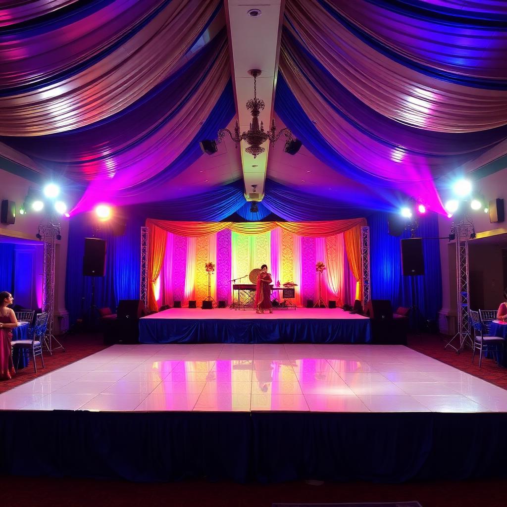 Sangeet night stage with colorful lighting at MOZO