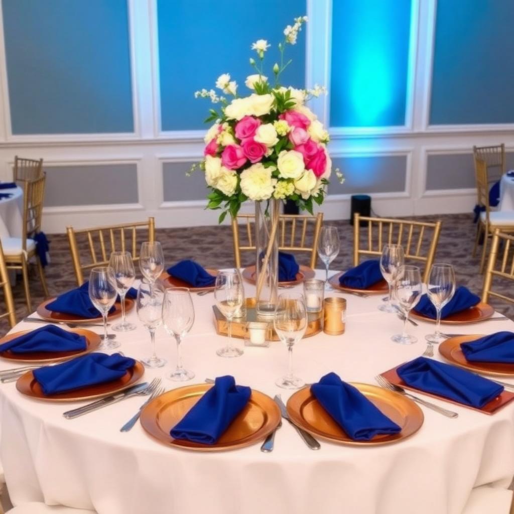 Round table setup with royal blue napkins and gold chargers