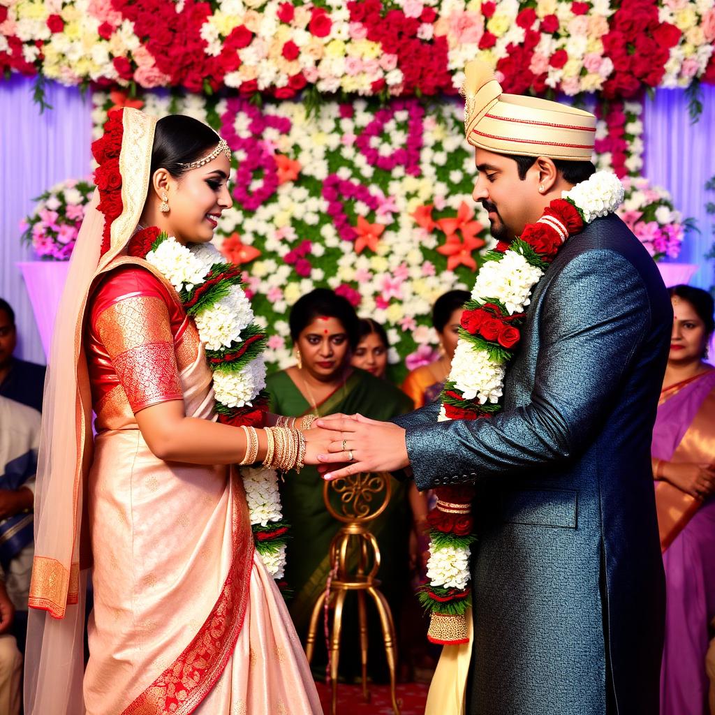 Varmala ceremony with bride and groom exchanging garlands