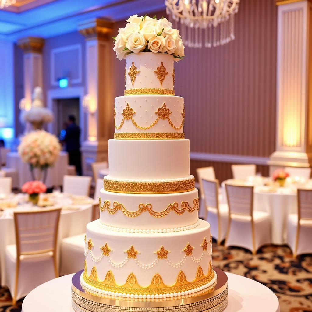 Multi-tier wedding cake with gold accents at MOZO