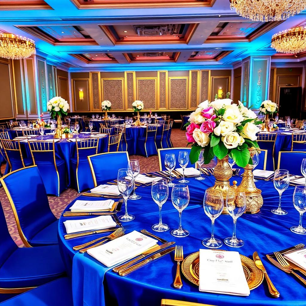 Wedding dining tables with royal blue linens and gold cutlery