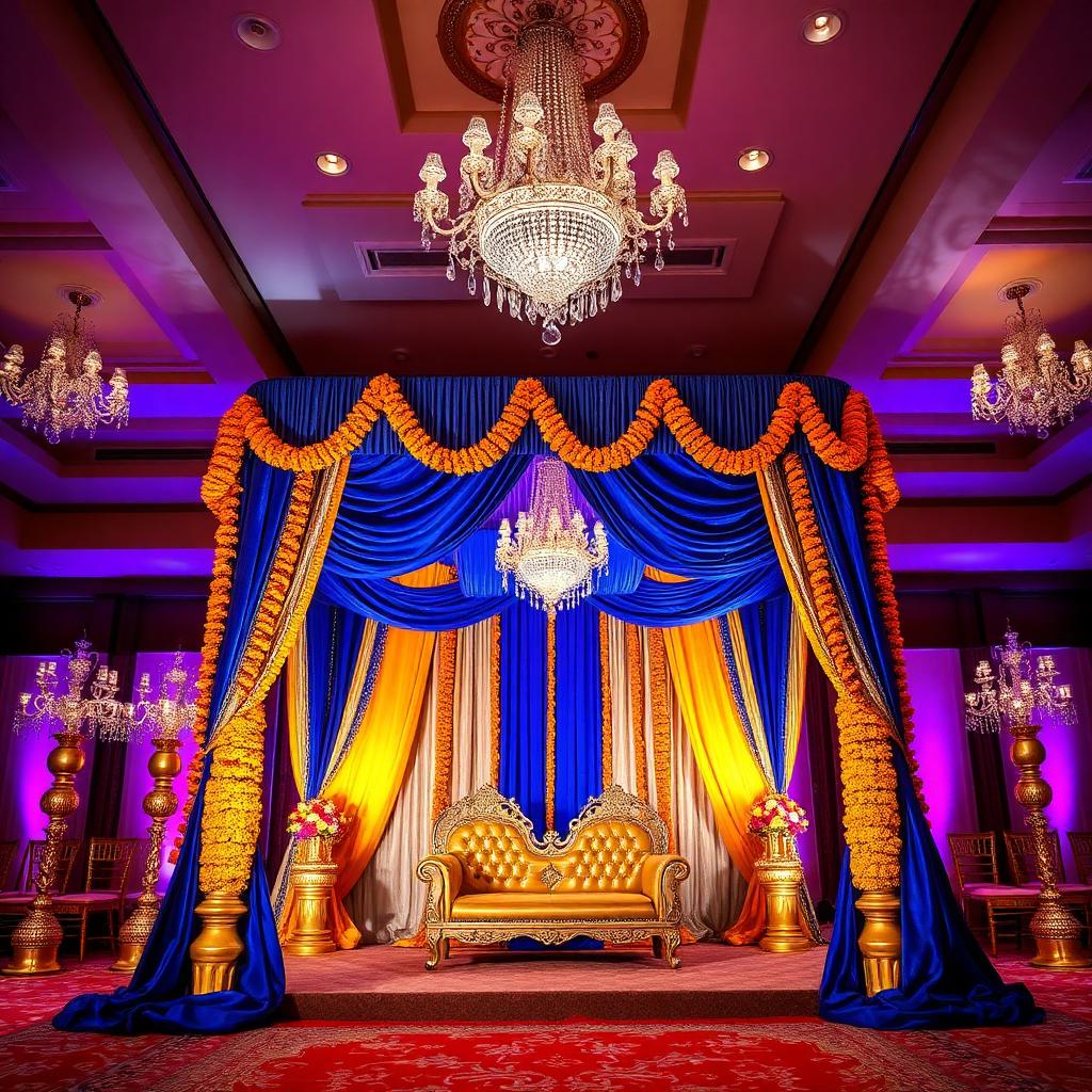 Royal blue and gold wedding mandap at MOZO Gurgaon