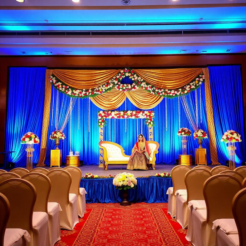 Wedding stage with blue and gold drapes